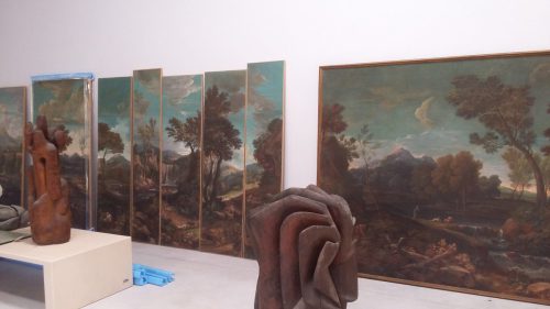 G. Dughet, tempera sur toile, 16 pièces grands formats, nettoyage, consolidation et retouches réversibles